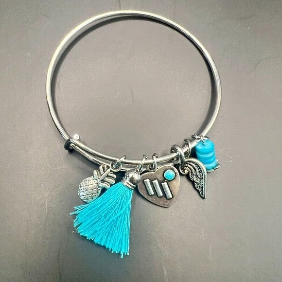 Alex and Ani Silver Bangle Bracelet Turquoise Pineapple Wing‎ Charms Adjustable - Picture 1 of 13